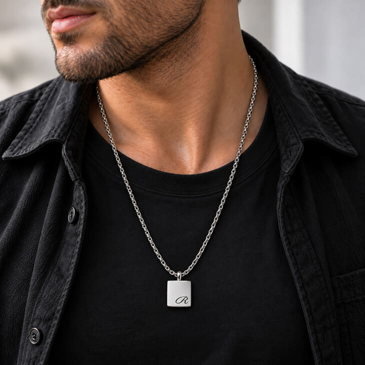 Stylish silver URN necklace with an R pendant displayed on a man