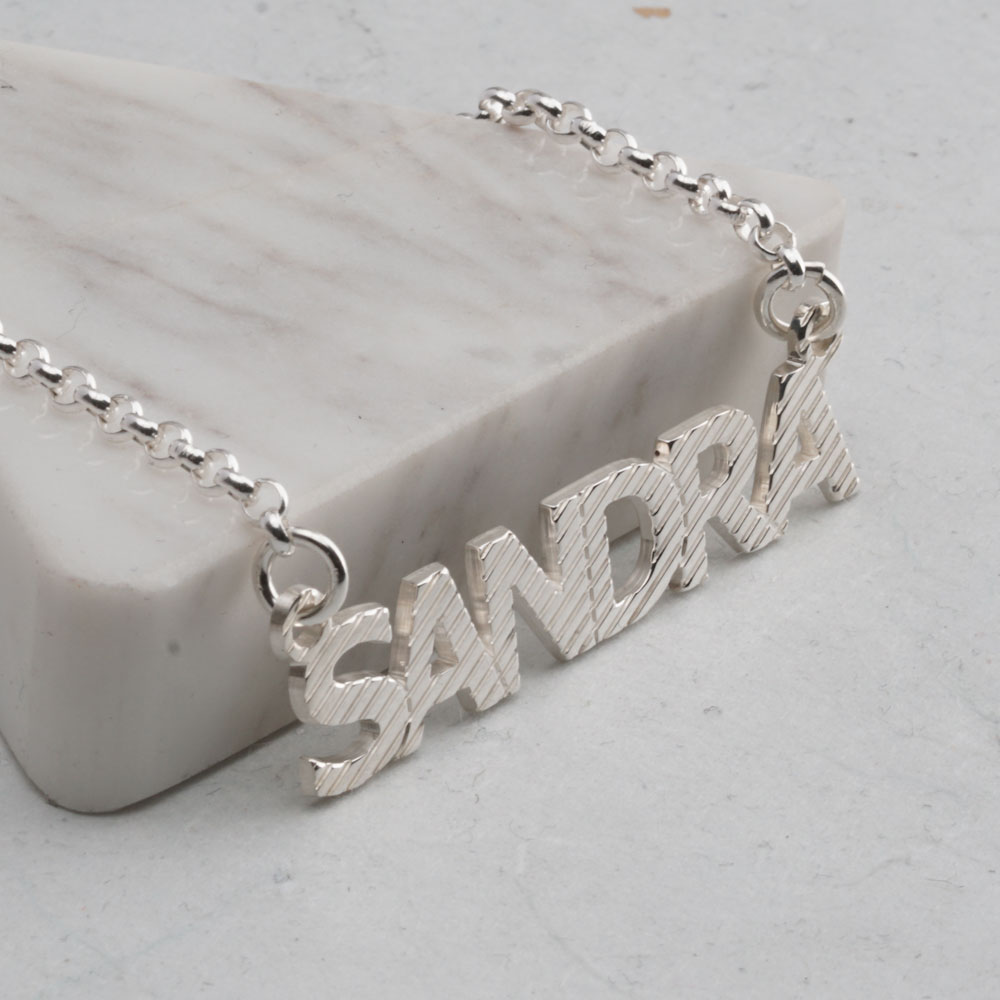 Textured Capital Letters Name Necklace on a model - 2