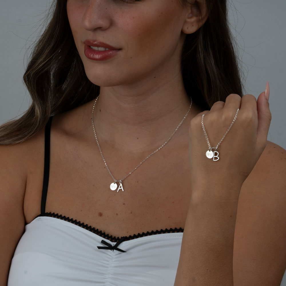 Custom BFF Necklace with Initials on a model