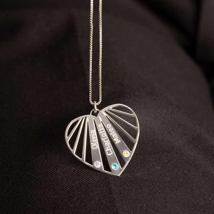 Mother's Heart Necklace with Children's Names and Birthstones information