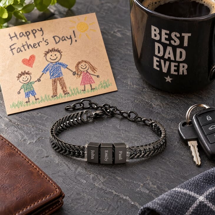Elegant silver father's bracelet engraved with names Paul, Emily, and John.