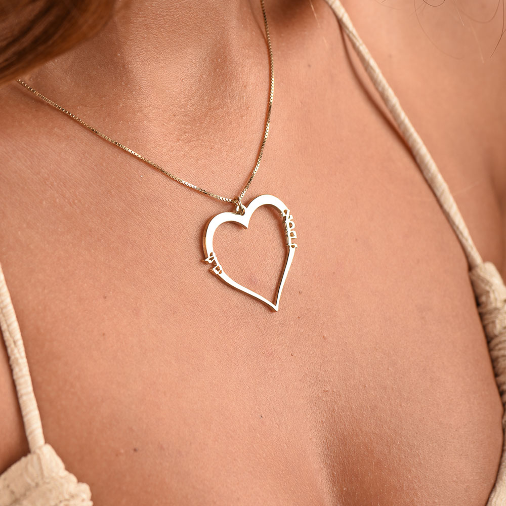 Heart Hebrew Name Necklace on a model