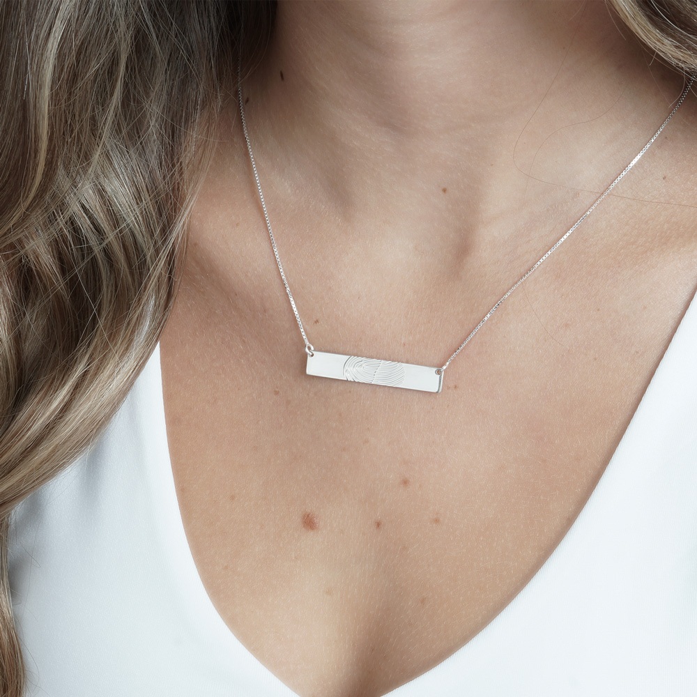 Horizontal Bar Fingerprint Necklace on a model