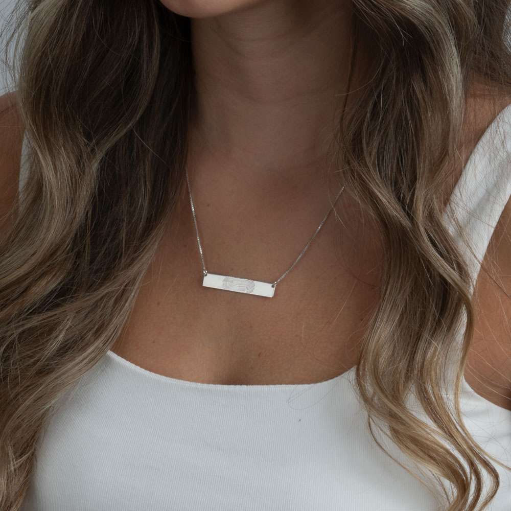 Horizontal Bar Fingerprint Necklace on a model - 2