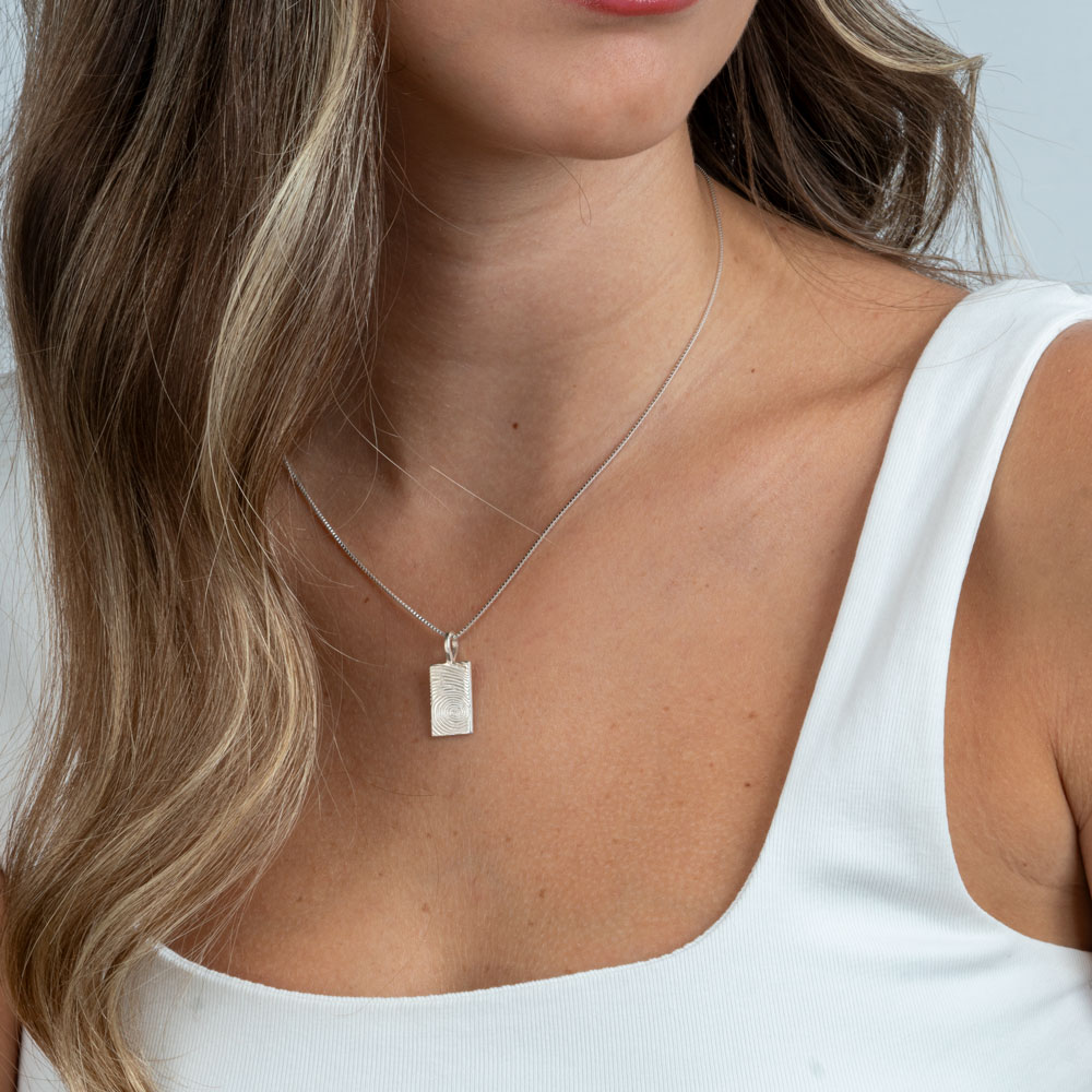 Custom Fingerprint Pendant - Small Rectangle on a model