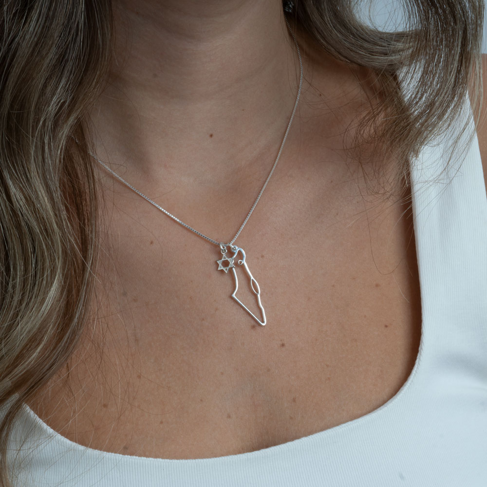 Israel Map Necklace with Star of David Charm on a model