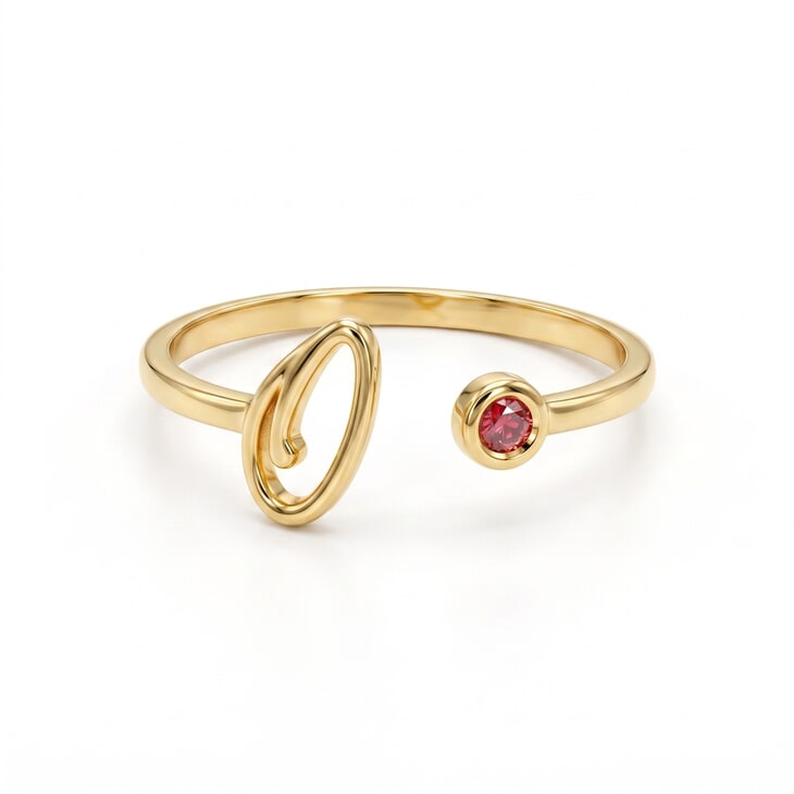 Gold-plated cursive initial ring with a stunning birthstone and open design