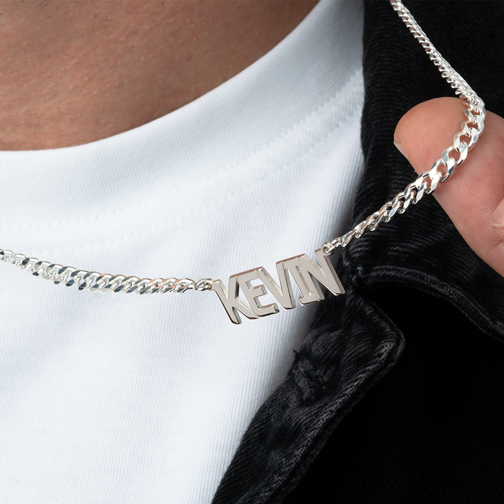 Cuban Name Necklace for Men on a model