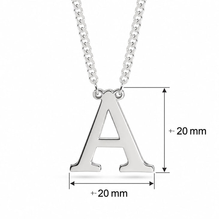 Cuban Initial Necklace close-up displaying the dimensions of the A pendant.