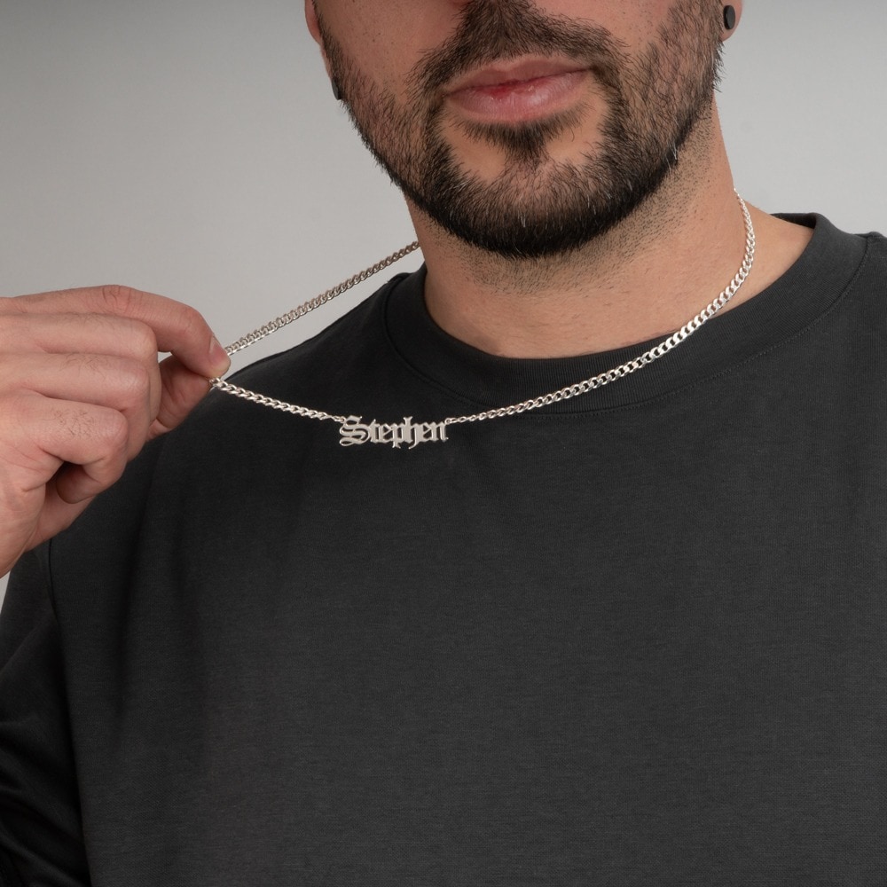 Cuban Gothic Men's Name Necklace on a model