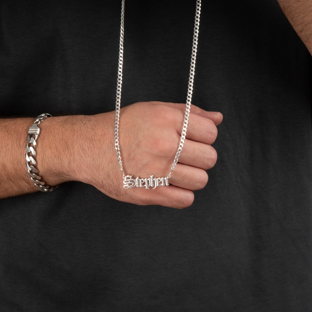 Cuban Gothic Men's Name Necklace on a model - 2