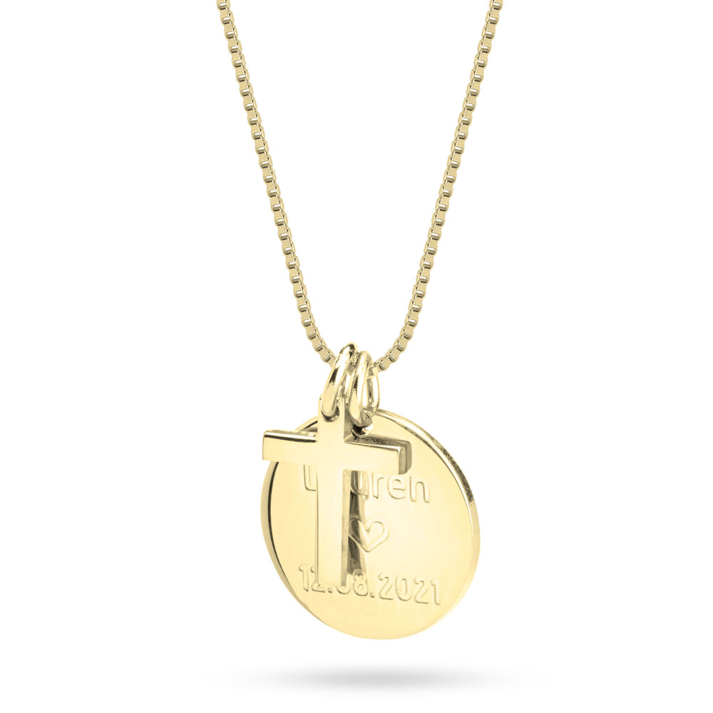 Engraved round pendant and cross