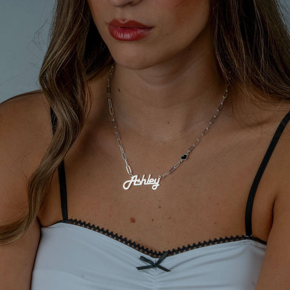 Paperclip Name Necklace with Heart Charm on a model - 2