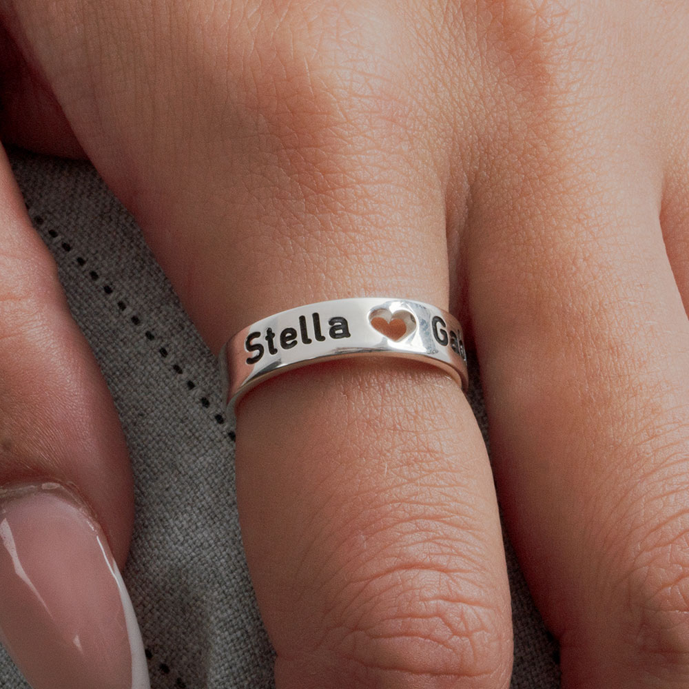 Engraved Double Name Ring with Cutout Heart