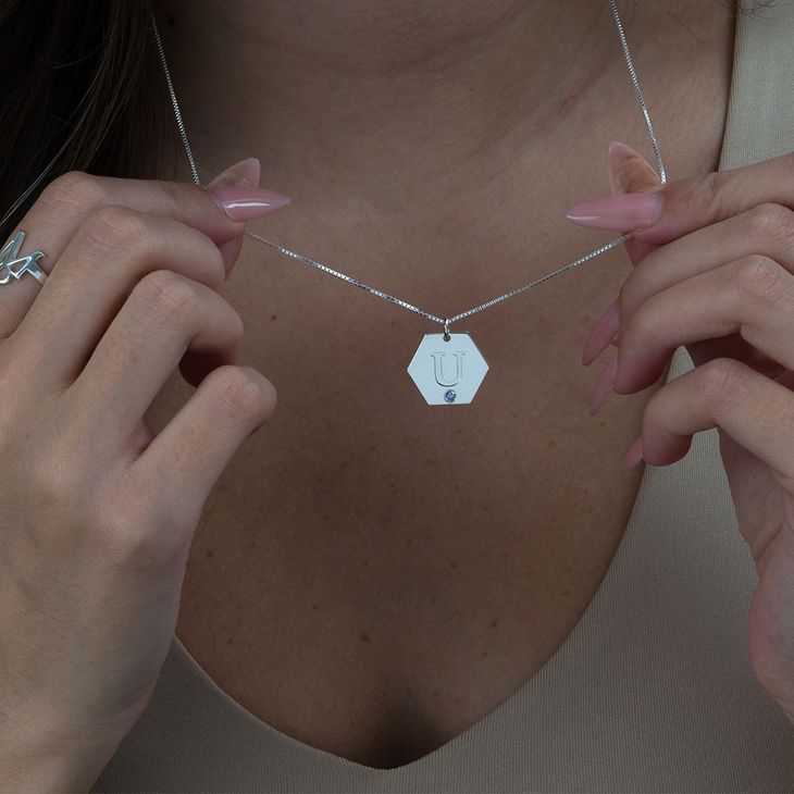 Initial Hexagon necklace with birthstone model