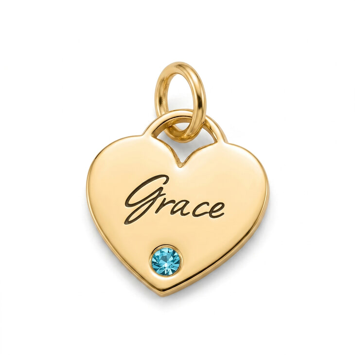 Engraved heart pendant with the name Grace and a sparkling birthstone.