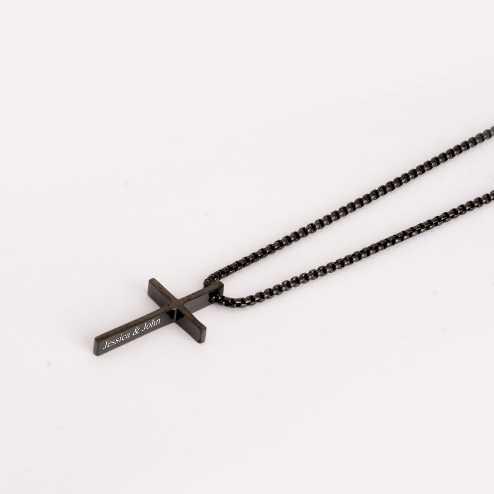 Engraved Black Dainty Cross Necklace 
