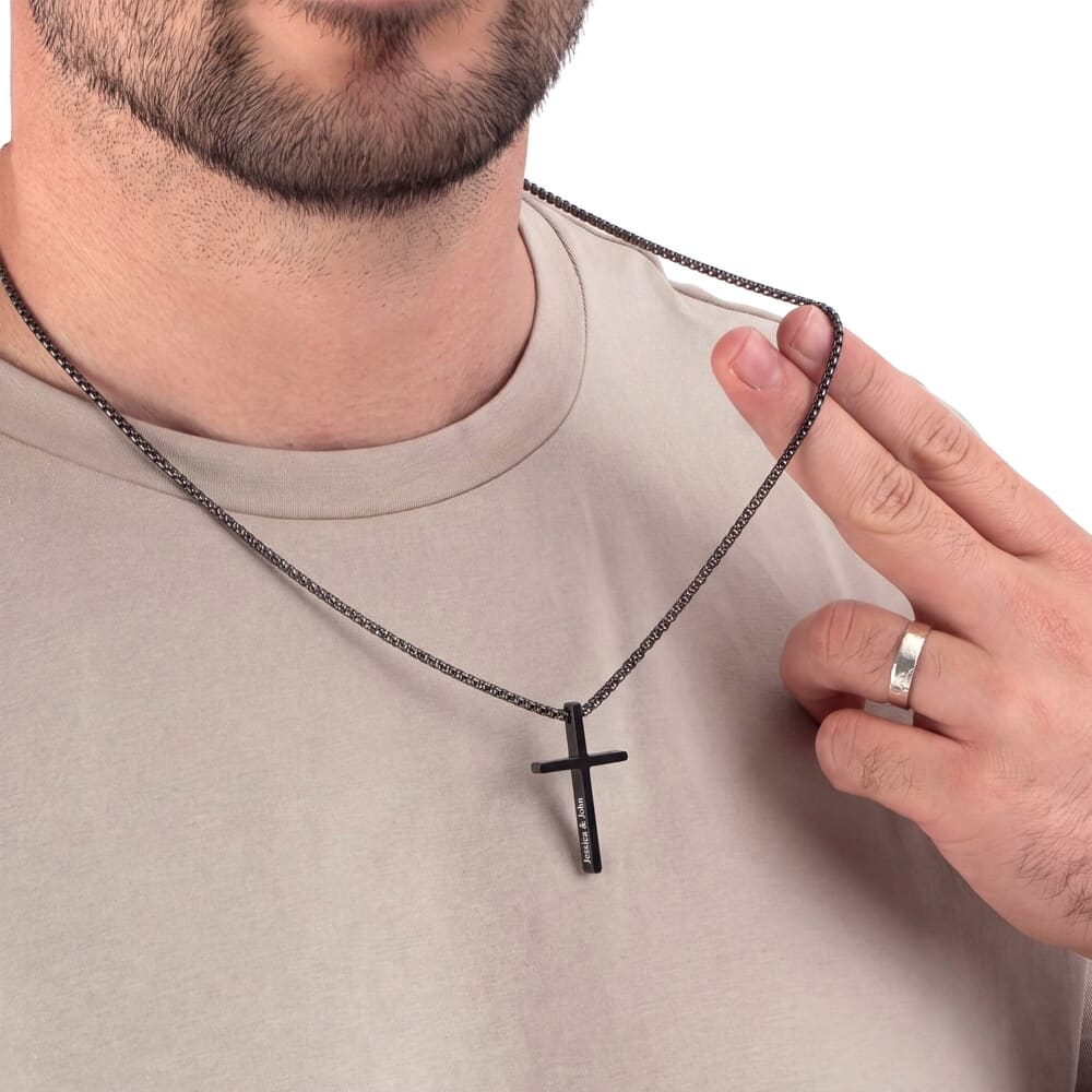 Engraved Black Dainty Cross Necklace