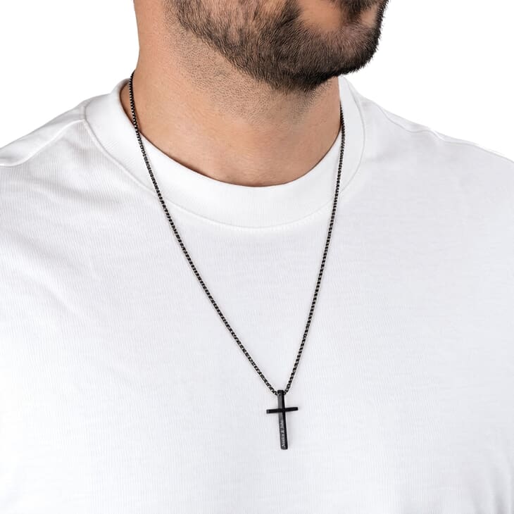 Man featuring the Engraved Black Cross Necklace, complementing a minimalistic look