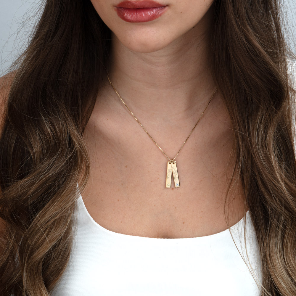 Multi-Bar Necklace with Personalized Names and Birthstones on a model