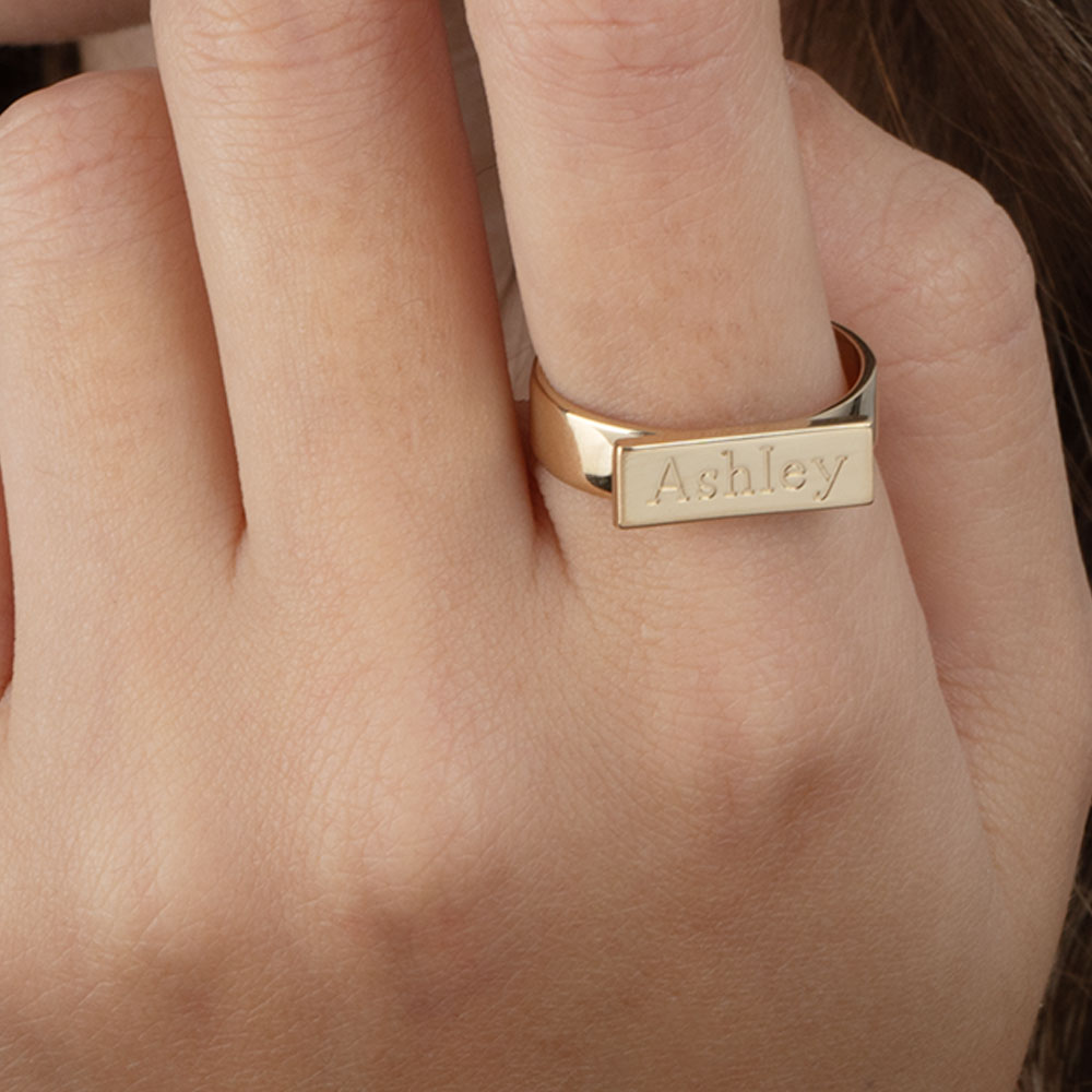 Engraved Bar Ring For Her on a model - 2