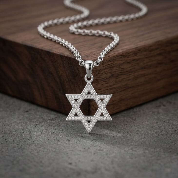 Stylish model featuring the Mini Judaica Star of David Necklace with sparkling zircons, accentuating its unique character.