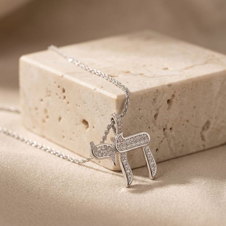Chai Necklace in silver with cubic zirconia, showcased on a light textured backdrop