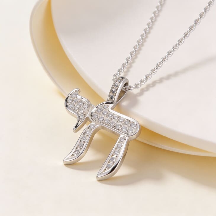 Stylish model highlights the Handmade Hebrew Chai Necklace with Zircons, perfect for daily wear.