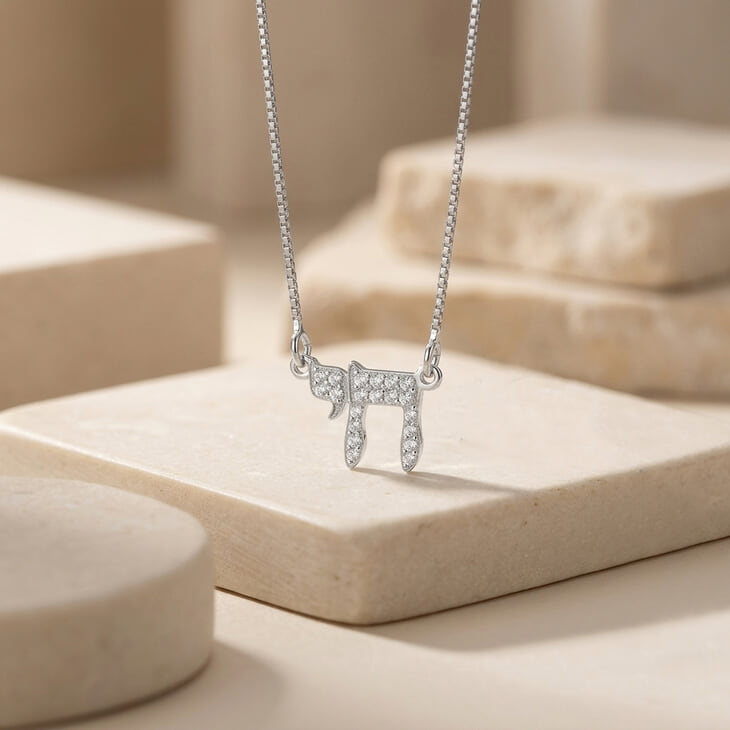 Stylish Classic Chai Pendant necklace in silver with shimmering zirconia details