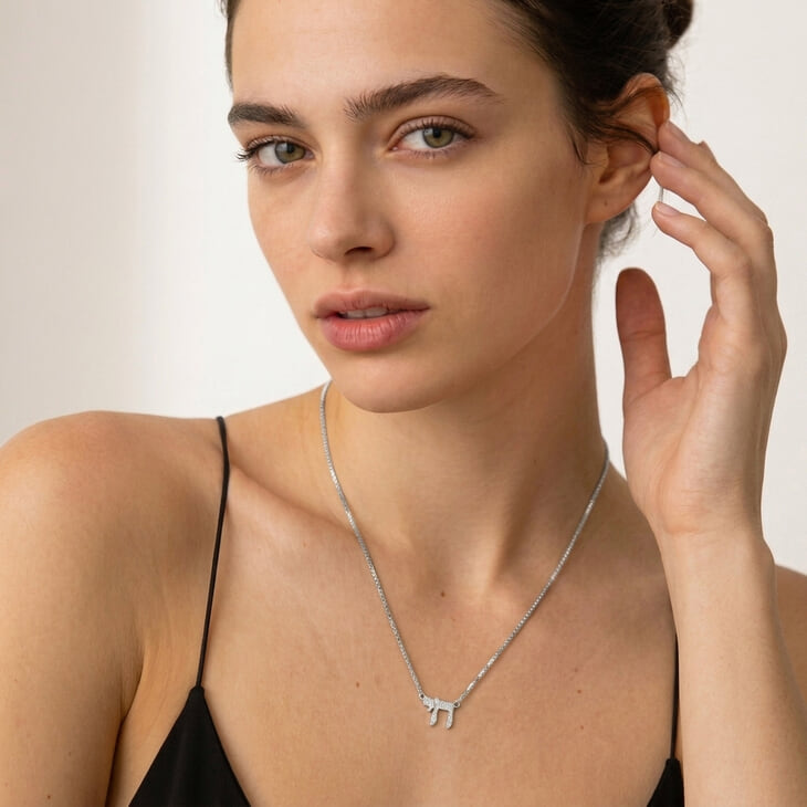 Stylish model showcasing the Classic Chai Pendant necklace, perfect for everyday elegance