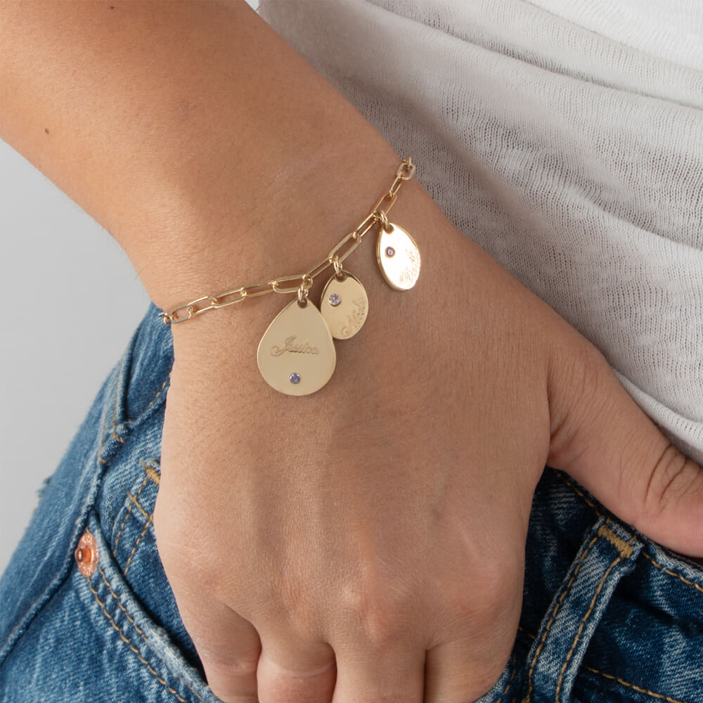Personalized Mother's Birthstone Drop Charm Bracelet with Kids' Names on a model