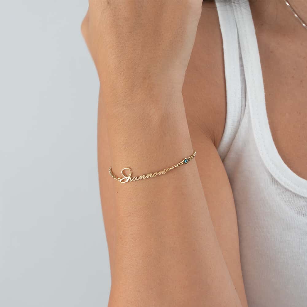 Personalized Dainty Name Bracelet with Birthstone Charm on a model - 2