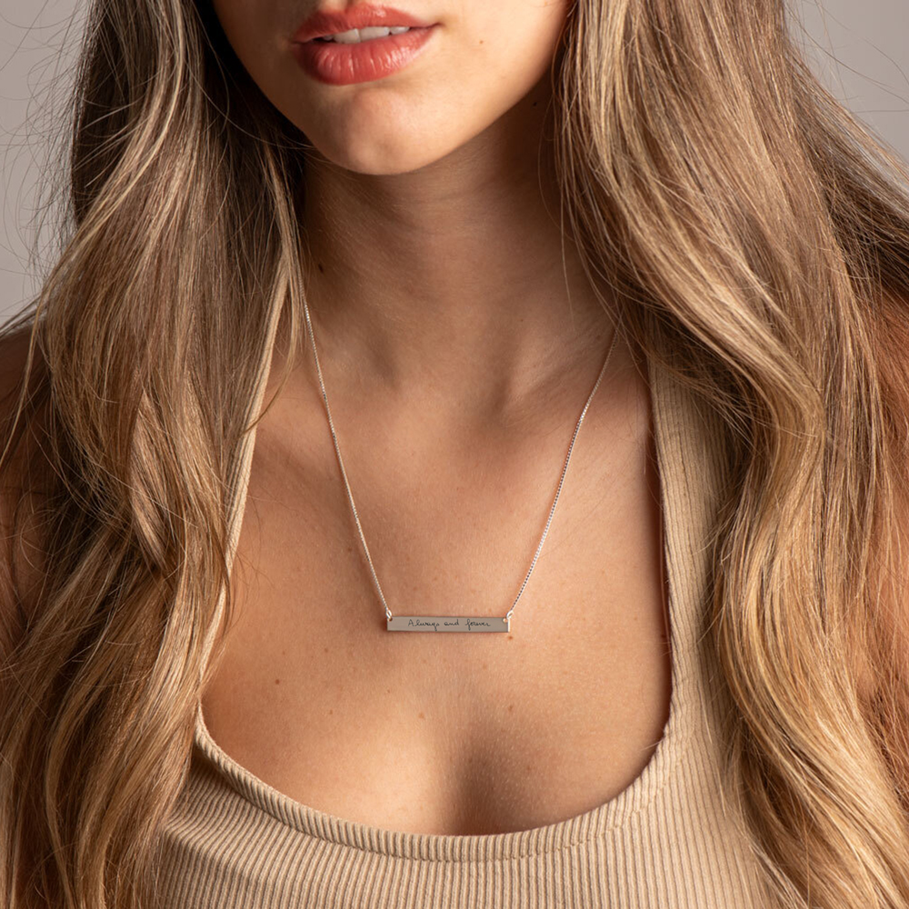Personalized Bar Necklace with Engraved Handwriting on a model