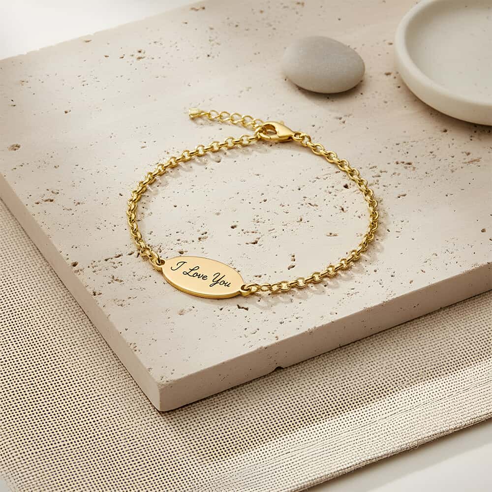 Custom Engraved Oval Bracelet with Handwriting on a model - 2