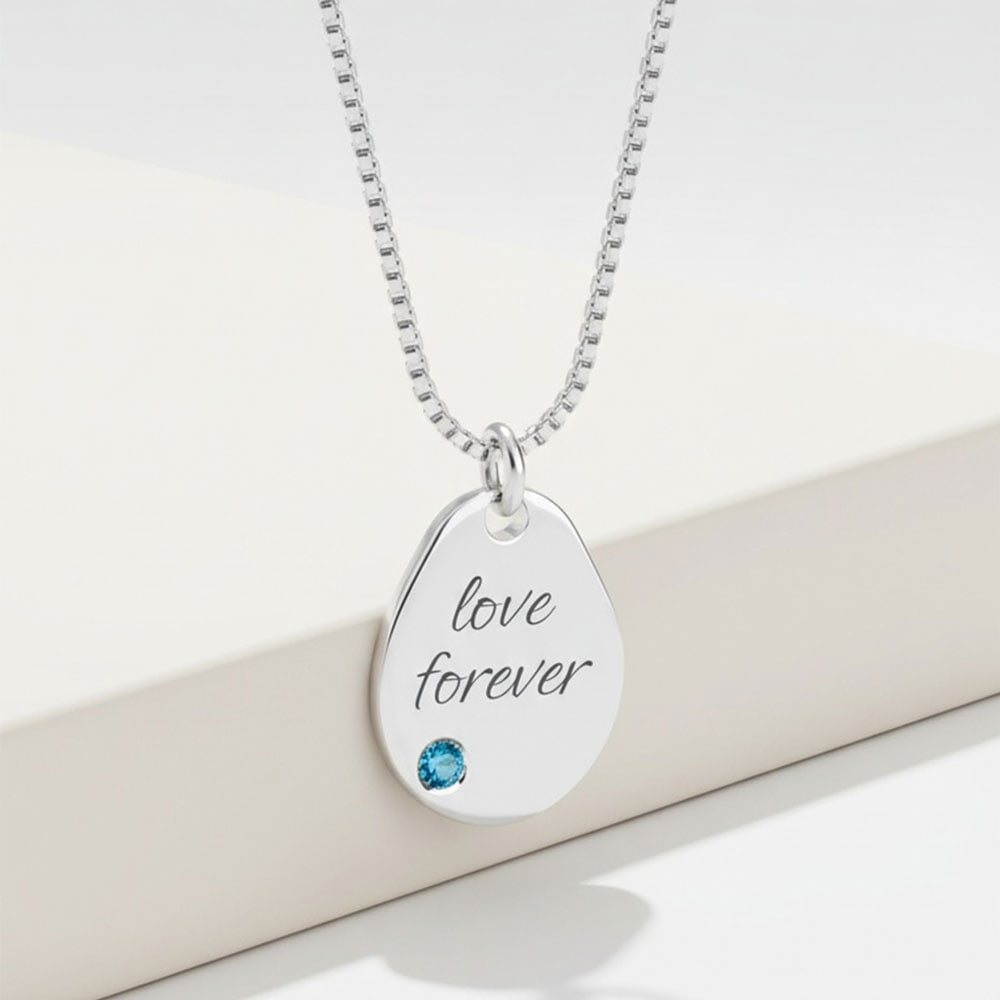 Personalized Engraved Birthstone Drop Necklace on a model