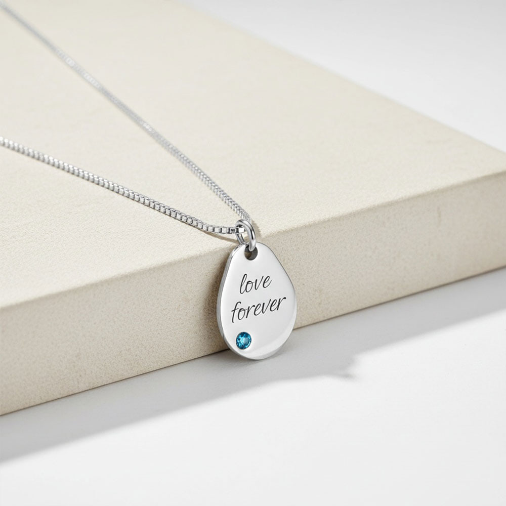 Personalized Engraved Birthstone Drop Necklace on a model - 2