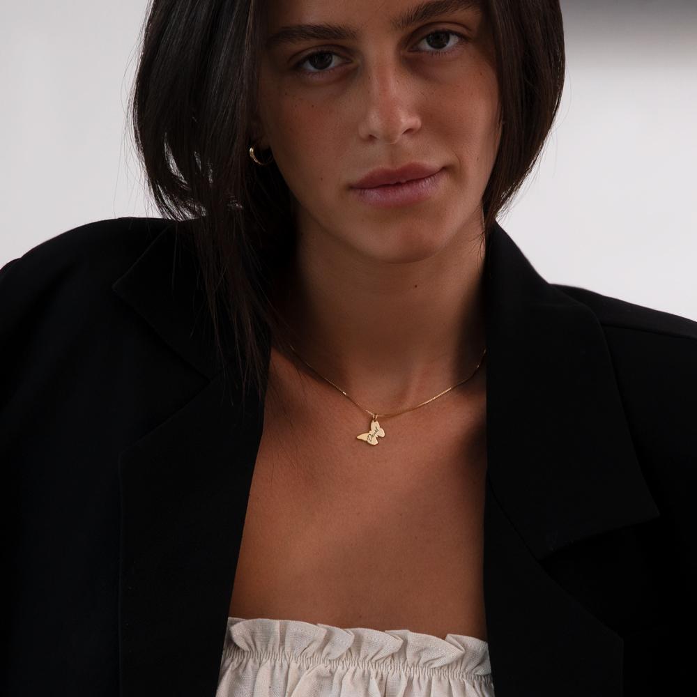 Tilted Butterfly Necklace with Name Engraving on a model - 2
