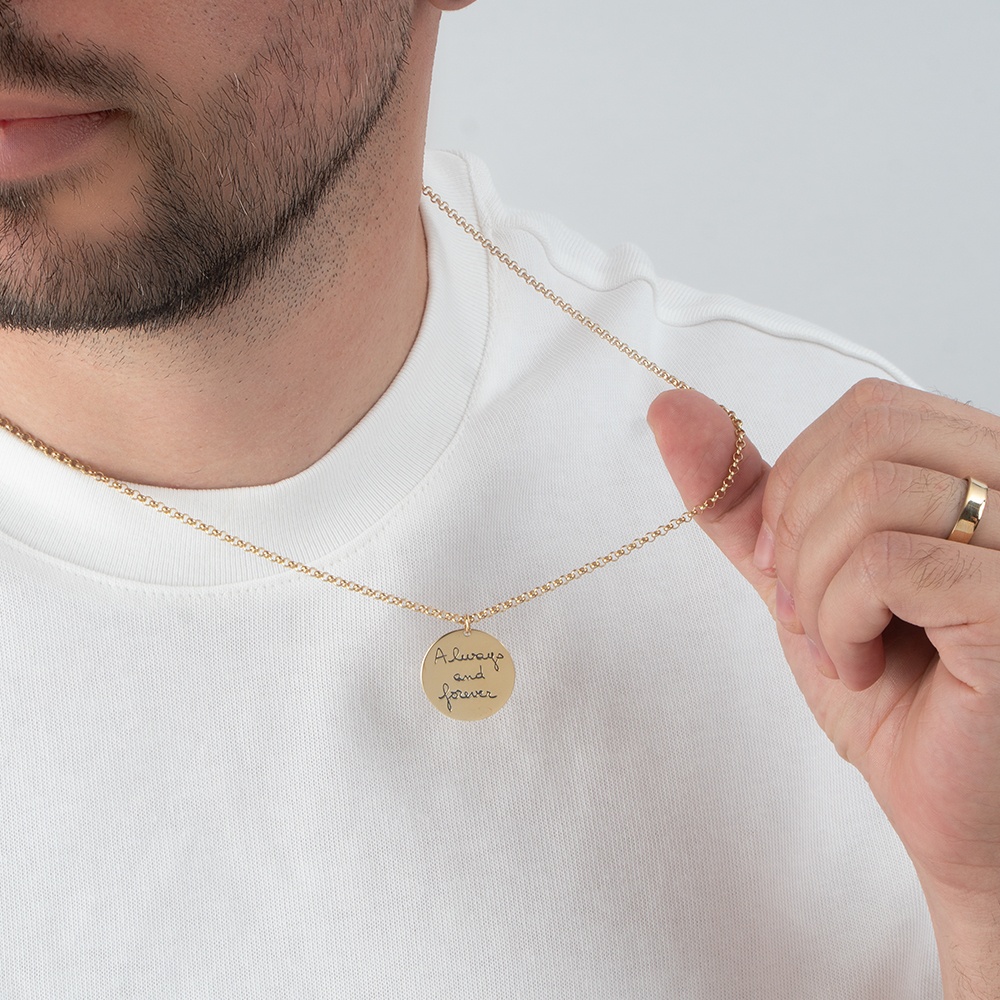 Men’s Custom Handwriting Disc Necklace on a model