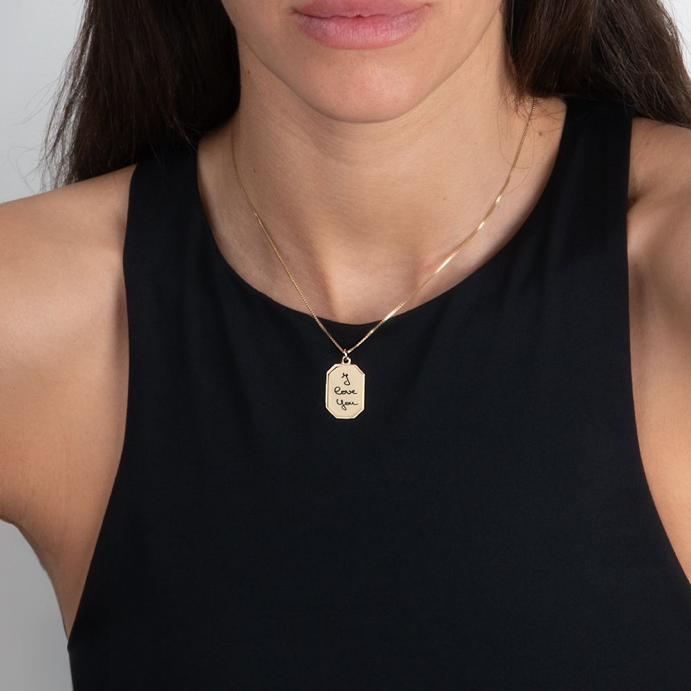 Custom Engraved Octagon Pendant with Handwriting on a model - 2