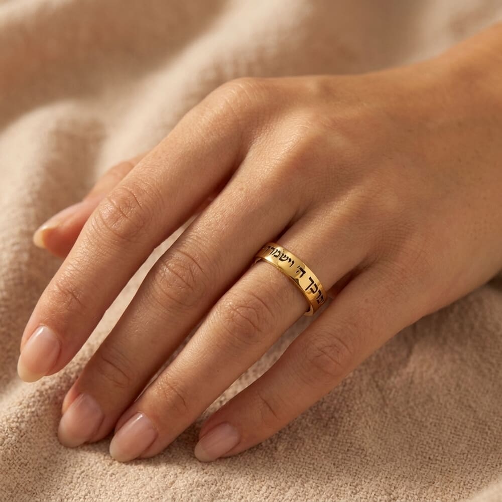 Custom Hebrew Biblical Open Ring on a model