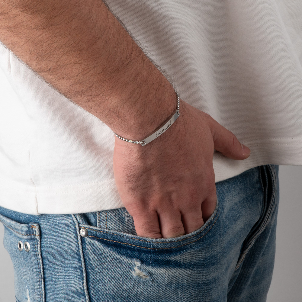 Custom Engraved Bar Bracelet for Him on a model