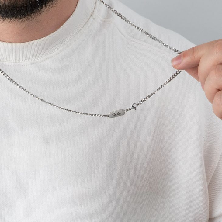 Men’s Curb Chain Necklace with Engraved Tag information