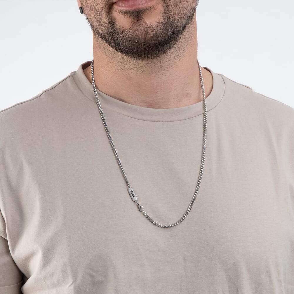 Men’s Curb Chain Necklace with Engraved Tag on a model - 2