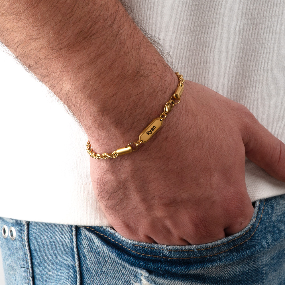 Engraved Rope Chain Bracelet for Him on a model