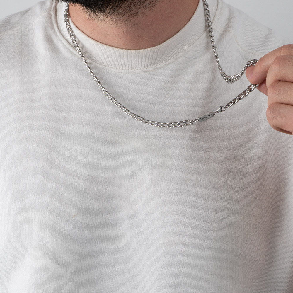 Men’s Cuban Chain Necklace with Engraved Tag on a model