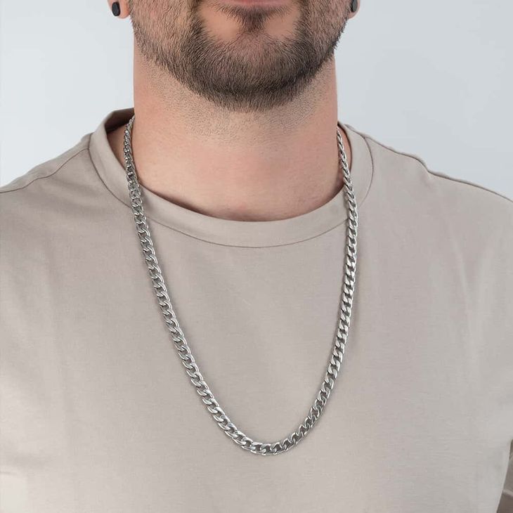 Men’s Cuban Chain Necklace with Engraved Tag model