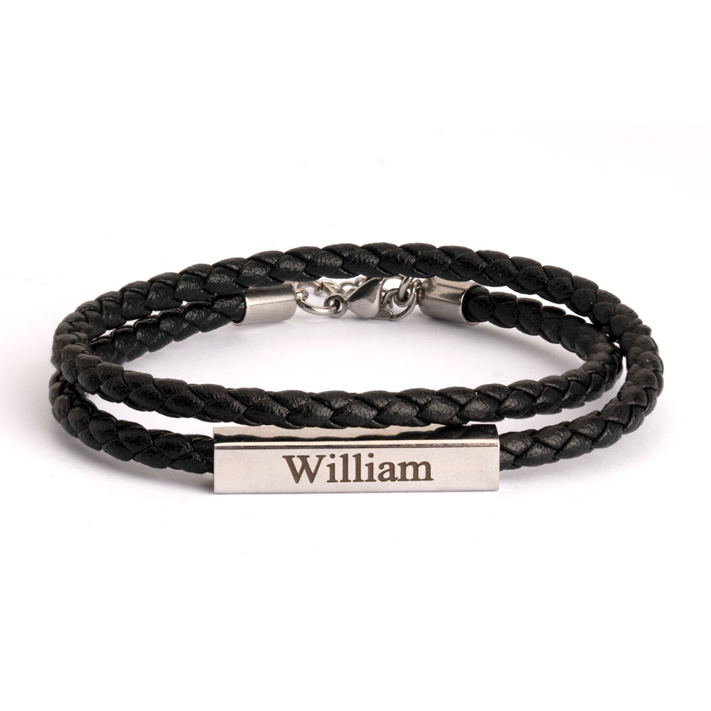 Men’s Double Leather Bracelet with 4D Engraved Bar