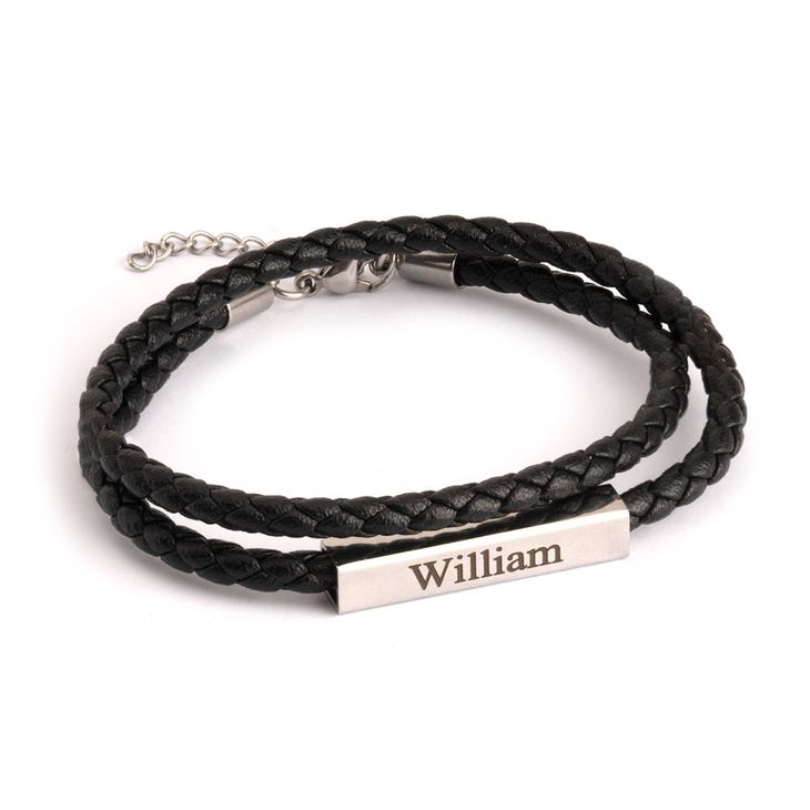 Men’s Double Leather Bracelet with 4D Engraved Bar - Picture 2