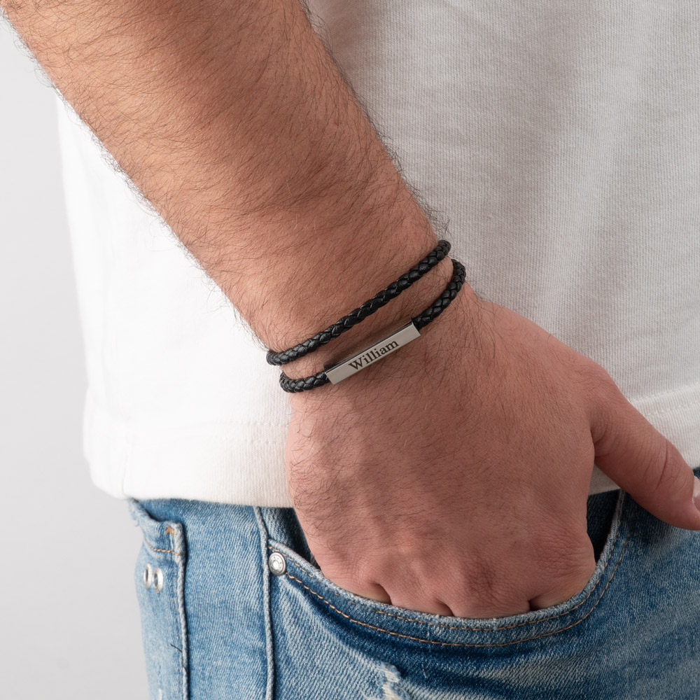 Men’s Double Leather Bracelet with 4D Engraved Bar