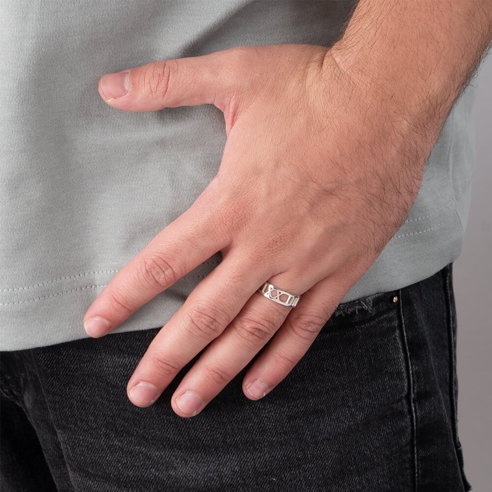 Mens Roman Numeral Ring worn by a model with a casual hand pose